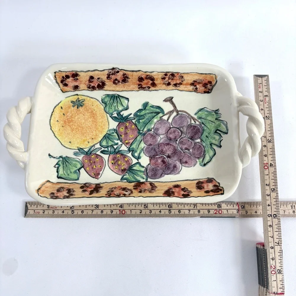 Monicats Art Pottery Handmade Ceramic Serving Tray Fruit Pattern Twisted Handles
